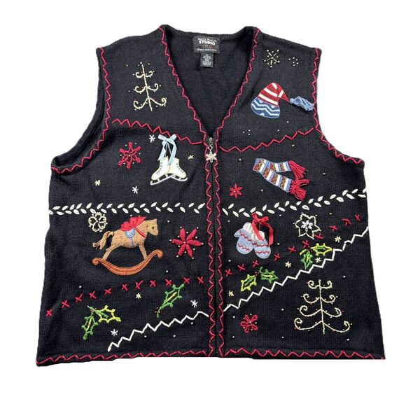 Designers Originals Women Embroidered Christmas Sweater Vest Full Zip XL I188 - Picture 1 of 11